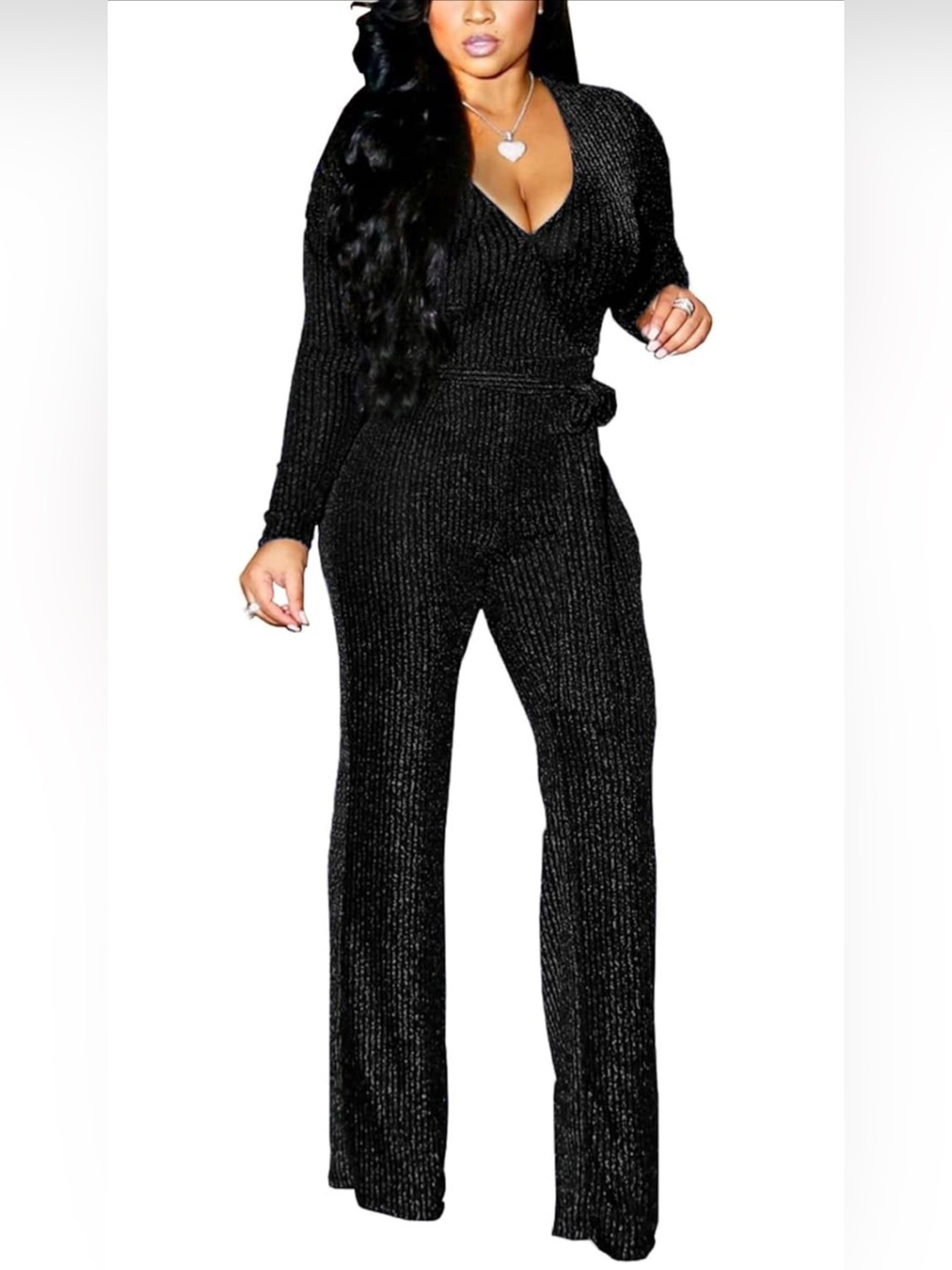 Black Ribbed V-Neck Jumpsuit with Waist Tie